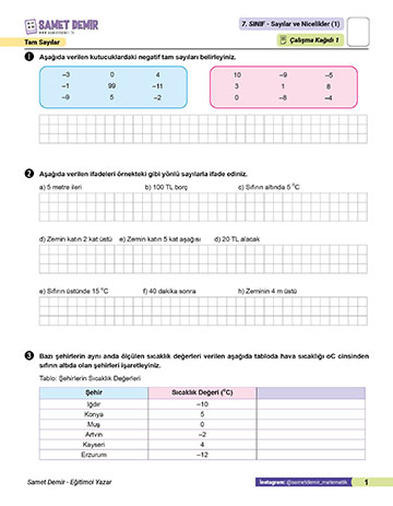 7. Sınıf Tam Sayılar Çalışma Kağıdı 1 PDF İndir