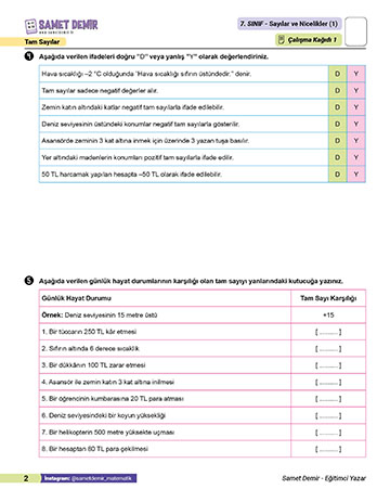 7. Sınıf Tam Sayılar Çalışma Kağıdı 1 PDF İndir