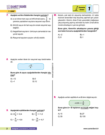 7. Sınıf Matematik Samet Demir - 1. Deneme